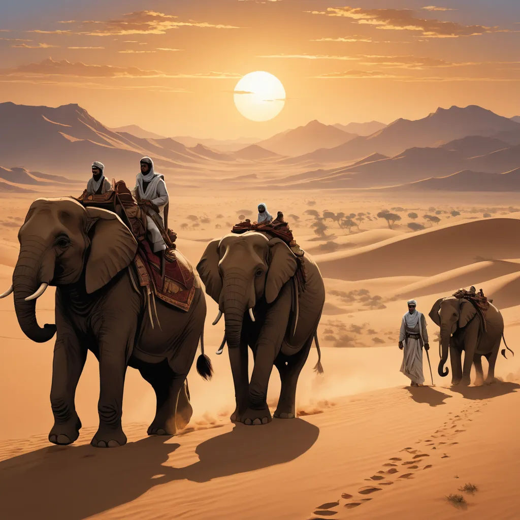 a painting of three people riding on elephants in the desert at sunset or dawn with a man walking behind them, fantasy art, a detailed matte painting, Amédée Ozenfant, orientalism