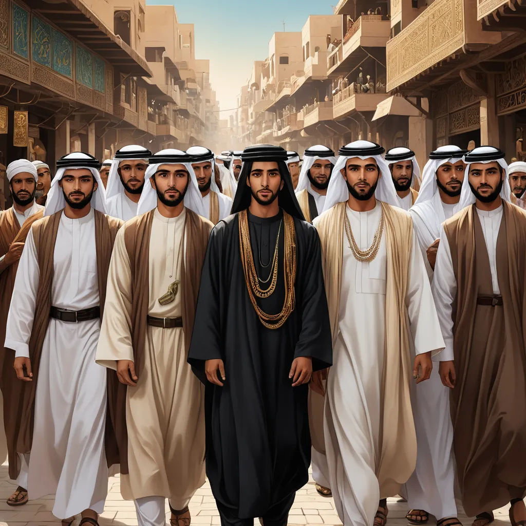a group of men in traditional clothing standing in a street in front of a cityscape with buildings, hurufiyya, a detailed matte painting, Altoon Sultan, orientalism