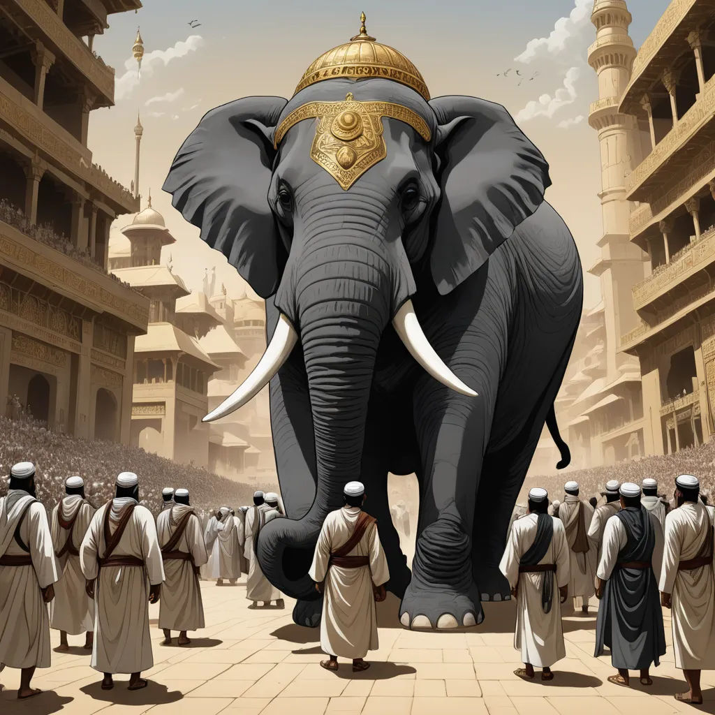 a large elephant with a golden tusk walking in front of a crowd of men in white robes and turbans, sumatraism, a digital rendering, Amédée Ozenfant, orientalism