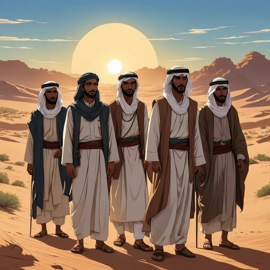a group of men standing in the desert at sunset with a desert background and a sun setting behind them, hurufiyya, egyptian art, Asaf Hanuka, desert