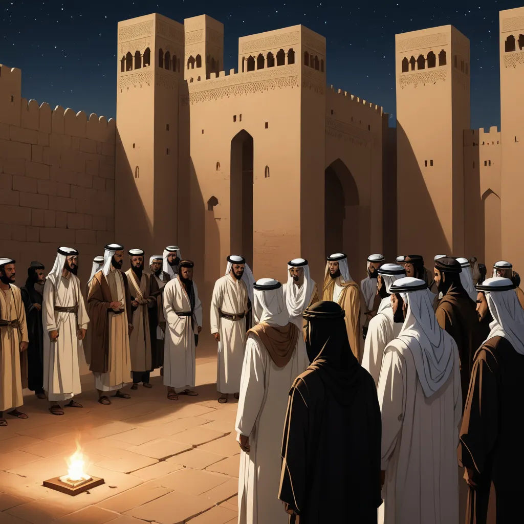 a group of people standing in front of a wall with a fire in it's center and a sky background, hurufiyya, a detailed matte painting, Christophe Vacher, storybook illustration