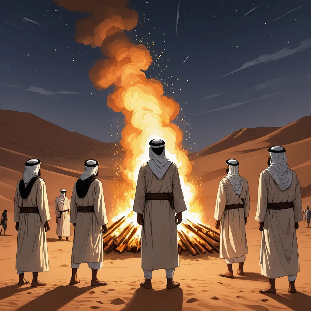 a group of men standing in front of a fire in the desert with a sky background and a star filled sky, hurufiyya, a storybook illustration, Asaf Hanuka, desert