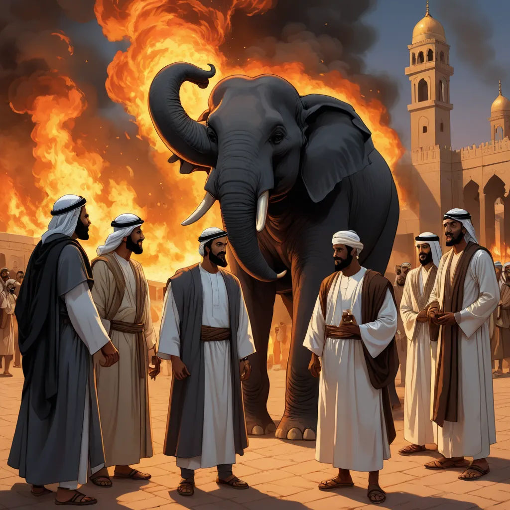 a group of men standing around an elephant in front of a fire filled sky with a clock tower in the background, unilalianism, a storybook illustration, Amédée Ozenfant, orientalism