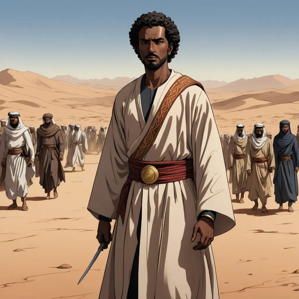 a man in a desert with a sword in his hand and a group of men in the background in the desert, afrofuturism, egyptian art, Asaf Hanuka, orientalism