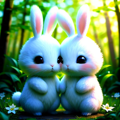 two white rabbits sitting in the grass with flowers around them and trees in the background, with sunlight shining through the trees