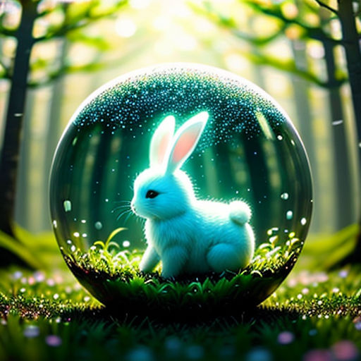 a white rabbit sitting inside of a glass ball in the grass with trees in the background and a sunbeam
