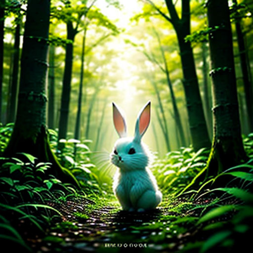 a rabbit sitting in the middle of a forest with the sun shining through the trees and grass on the ground