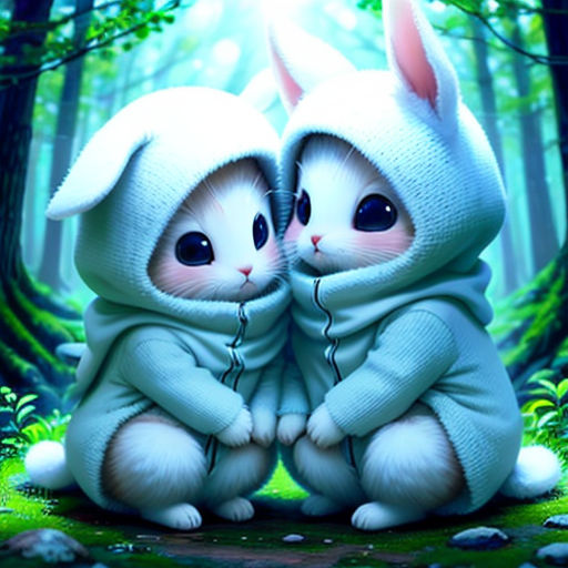 two rabbits in a forest with a light shining through the trees and grass on the ground, with the image of two rabbits in a forest with a light shining through the