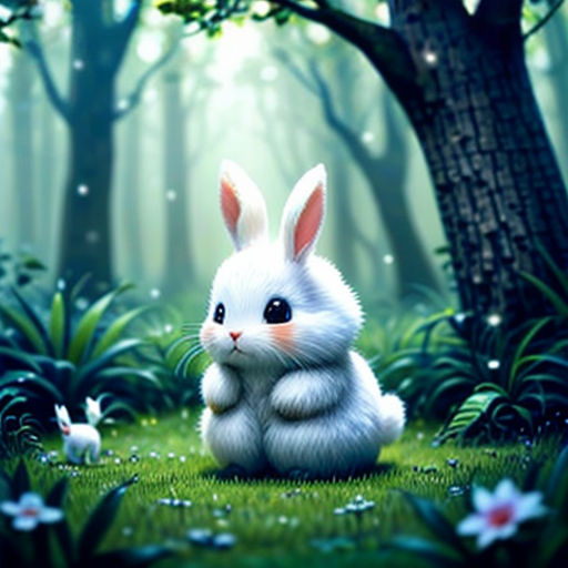 a rabbit sitting in the grass with a forest background and trees in the background, with a light shining on the ground