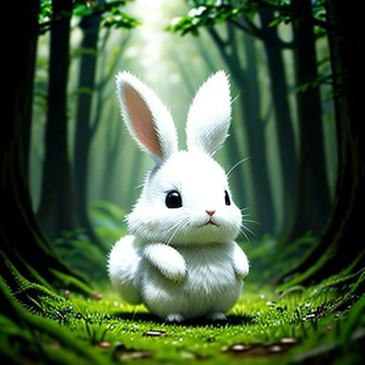 a white rabbit sitting in the middle of a forest with grass and trees around it, with a bright light coming from behind it