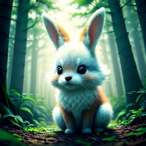 a little rabbit sitting in the middle of a forest with a light shining on it's face and eyes