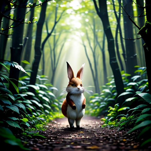 a fox is walking down a path in the woods with a light shining through the trees behind it and a forest scene behind it
