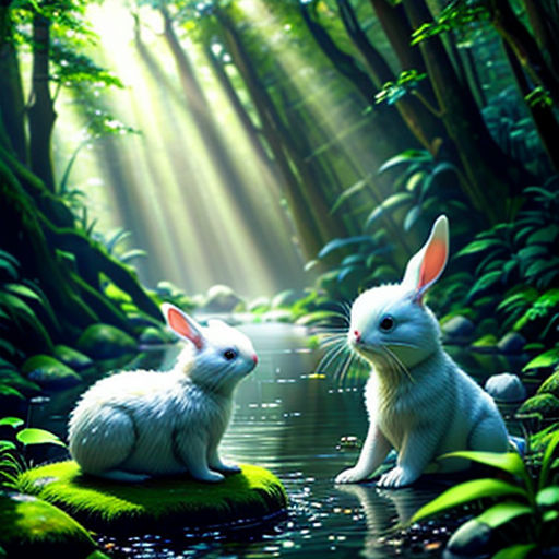 two white rabbits sitting on a rock in a forest with sunlight streaming through the trees and water, with a stream running between them