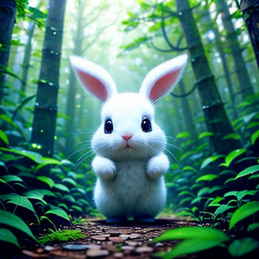 a rabbit is standing in the middle of a forest with leaves and grass around it, with a bright light coming from behind it