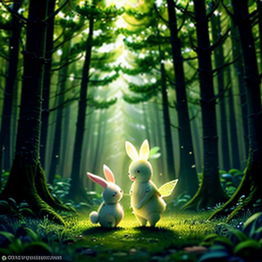 two rabbits in the woods with trees and grass in the background, one is looking at the other one