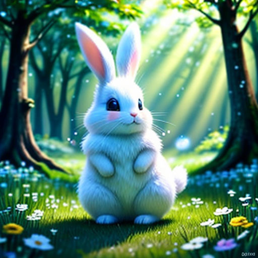 a rabbit sitting in the grass in front of trees and flowers with sunlight shining through the trees behind it