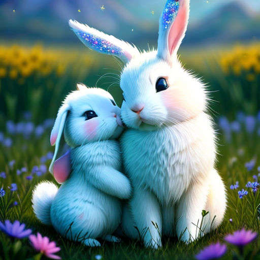 a painting of two rabbits sitting in a field of flowers with a sky background and stars on their ears