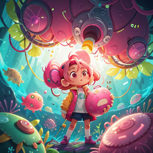 a girl standing in a forest with a pink object in her hand and a pink object in her other hand