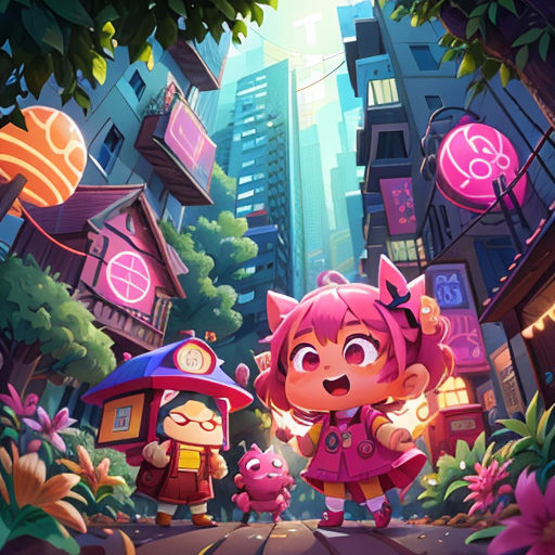 a cartoon character standing in the middle of a city with a cat and a pig on the street next to a building