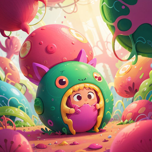 a cartoon character is hiding in a strange looking area of plants and mushrooms with a strange looking face on his face