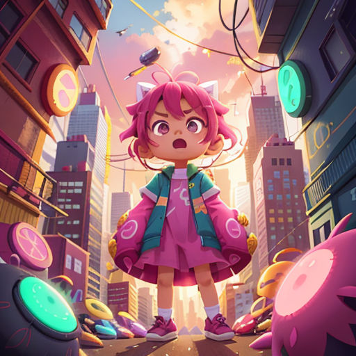 a girl standing in the middle of a city with a cat on her shoulder and a pink dress on