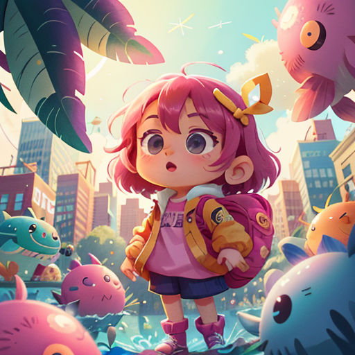 a girl standing in front of a bunch of fish in a city with buildings and a sky background with clouds