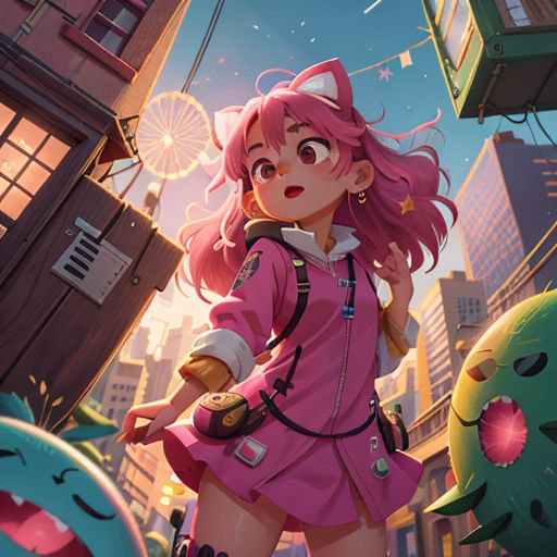 a girl in a pink dress standing in front of a building with a pink hair and a pink nose