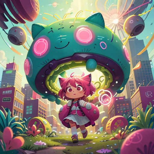 a girl standing in front of a giant alien creature in a city with fireworks and other objects in the background