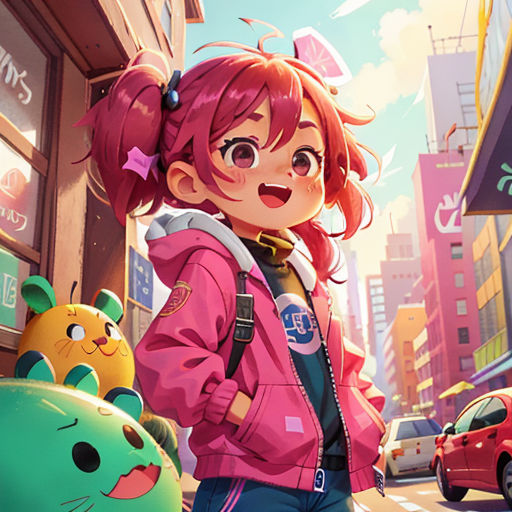 a girl standing in front of a store with a cat and a dog on the street in front of her