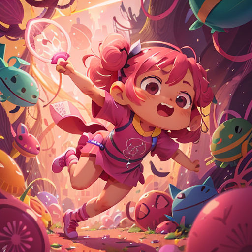 a girl is flying through a tunnel of bubbles and other objects in a cartoon style, with a pink hair and a pink dress