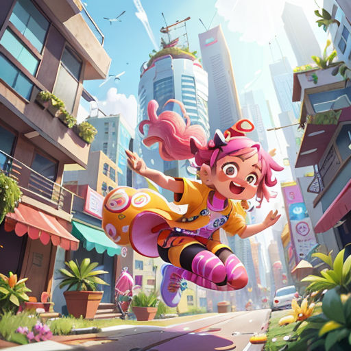 a cartoon girl flying through the air over a city street in a game character illustration by alex o'connor