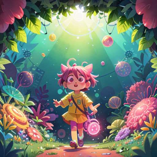 a girl walking through a forest with bubbles and flowers on the ground, and a bright light coming from behind her