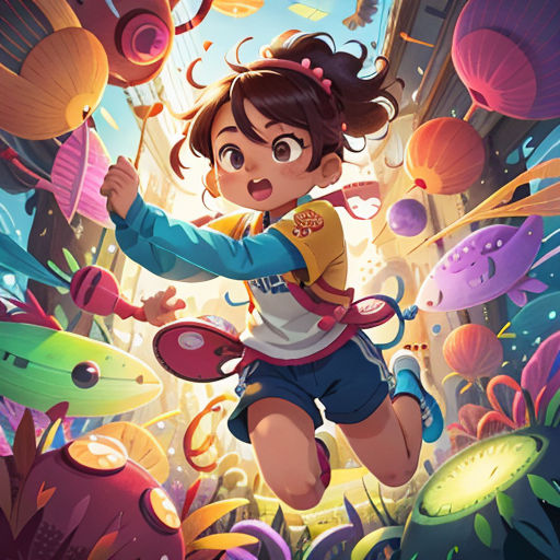a girl is running through a sea of fish and plants in a cartoon style, with a sky background