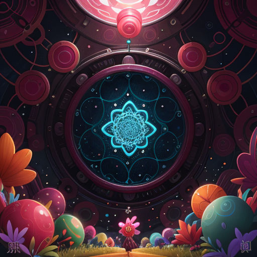 a futuristic space station with a flower and a star in the center of it, surrounded by flowers and plants