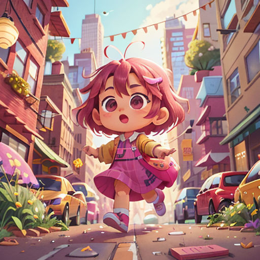 a girl in a pink dress is walking down a street with a pink umbrella and buildings in the background