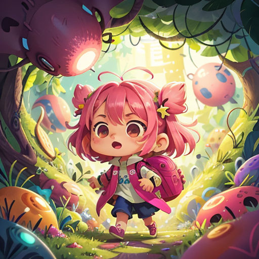 a girl with pink hair and a backpack walking through a forest with a dragon in the background, with a pink backpack