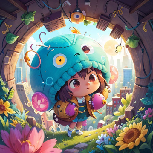 a girl with a blue hat and a blue hat on her head is standing in a doorway with flowers