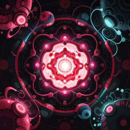 a colorful abstract background with a circular design in red and blue colors on a black background with a circular design in blue and pink