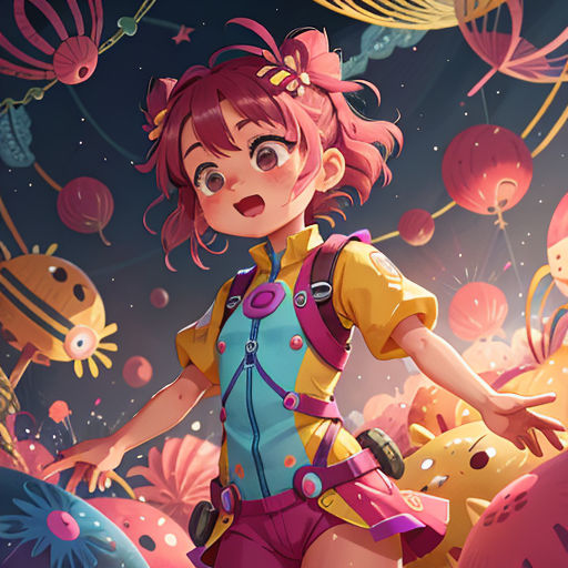 a girl in a yellow shirt and pink shorts standing in front of a bunch of balloons and fish in the air