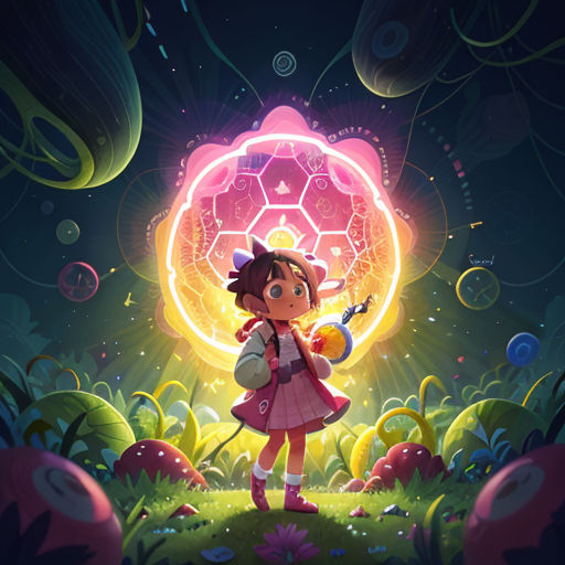 a girl holding a wand in front of a glowing orb in the sky with bubbles around her and a pink flower in the foreground
