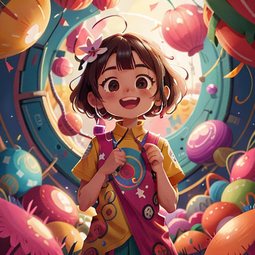 a girl standing in front of a clock surrounded by balloons and streamers of streamers and streamers