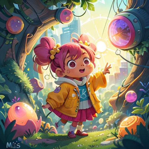 a girl in a yellow jacket standing in a forest with bubbles floating around her and a city in the background