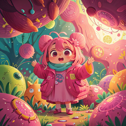 a girl in a pink coat standing in a forest with mushrooms and plants on the ground, with a pink coat on