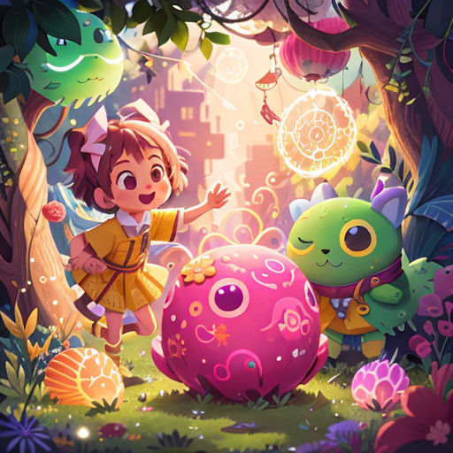 a girl and a frog in a forest with a pink ball and a green turtle in the foreground