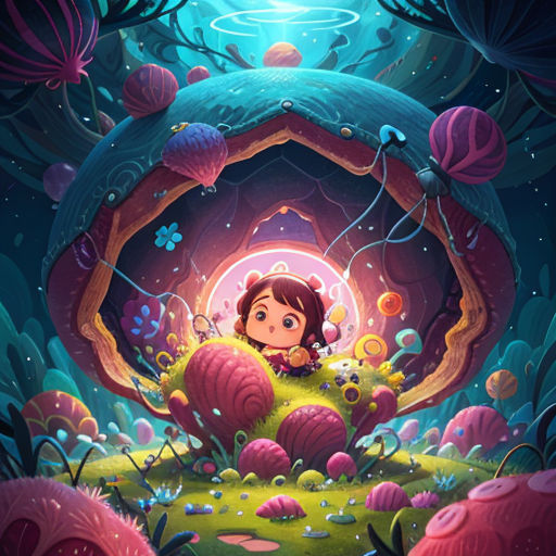 a girl in a green dress is looking at a blue light in the sky above her head is a mushroom like structure with a hole in the ground