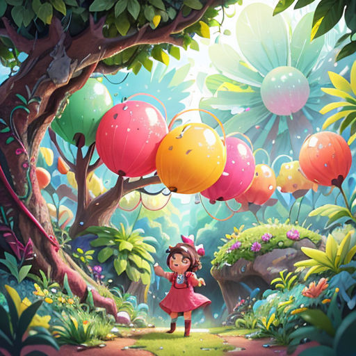 a girl in a red dress standing under a tree with balloons floating above her and a forest with flowers and trees