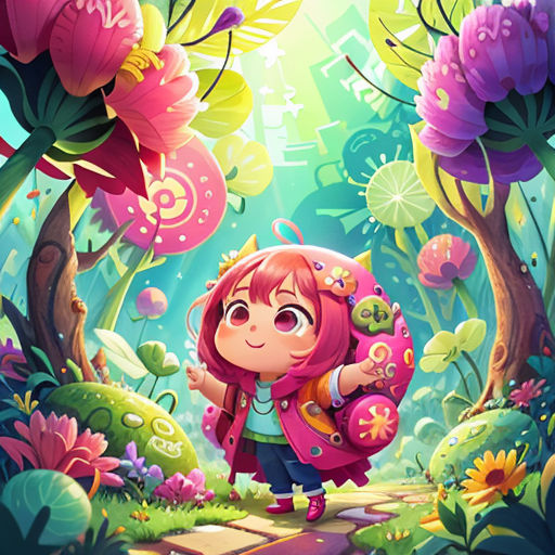 a girl with a backpack in a forest with flowers and trees on the ground, and a sunbeam in the background