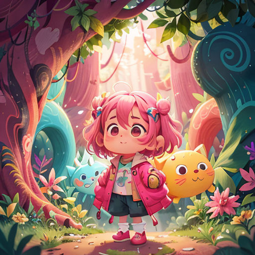 a girl holding a yellow cat in a forest with a cat in her hand and a cat in her hand