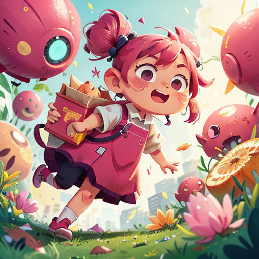 a girl with a book in her hand and a bunch of balloons in the background, with a pink background
