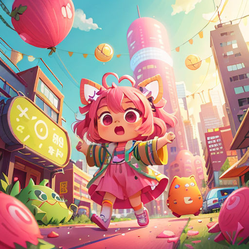 a girl in a pink dress is walking through a city with a cat on her shoulder and a cat on her shoulder